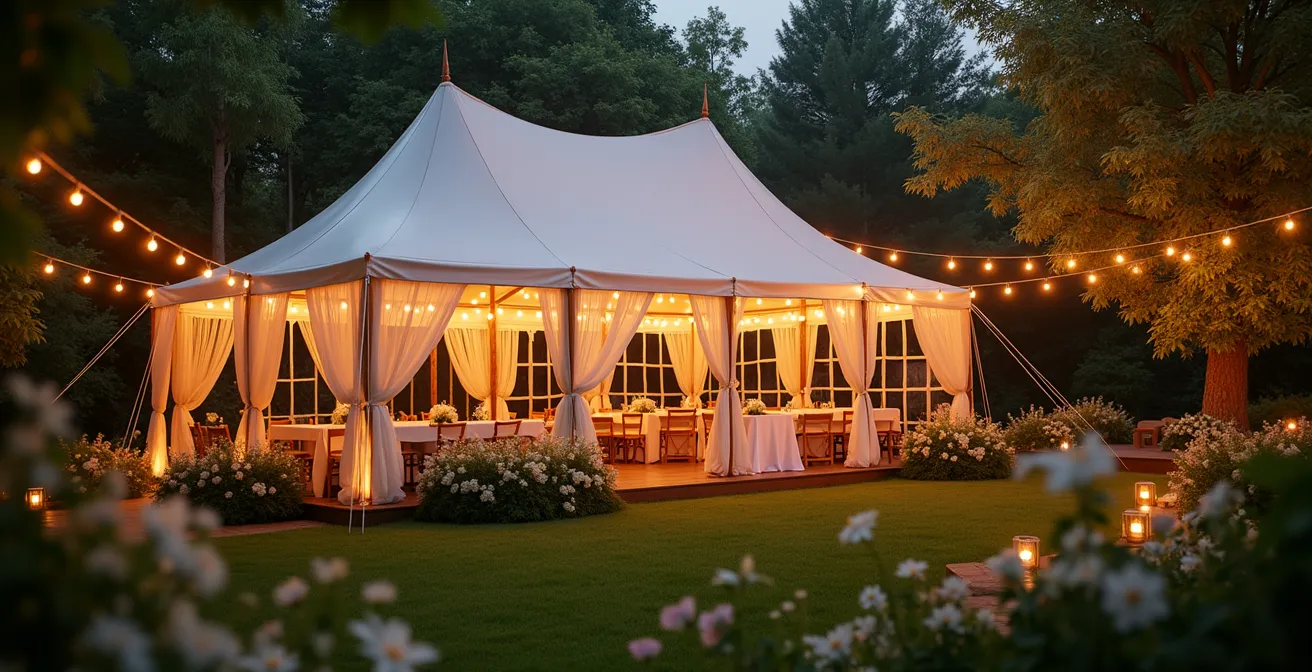 Tente de mariage élégante décorée dans un jardin naturel avec guirlandes lumineuses