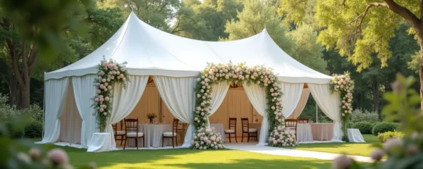 Une élégante tente de mariage blanche installée dans un jardin verdoyant avec décoration florale raffinée