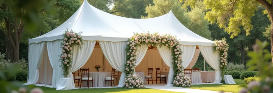 Une élégante tente de mariage blanche installée dans un jardin verdoyant avec décoration florale raffinée