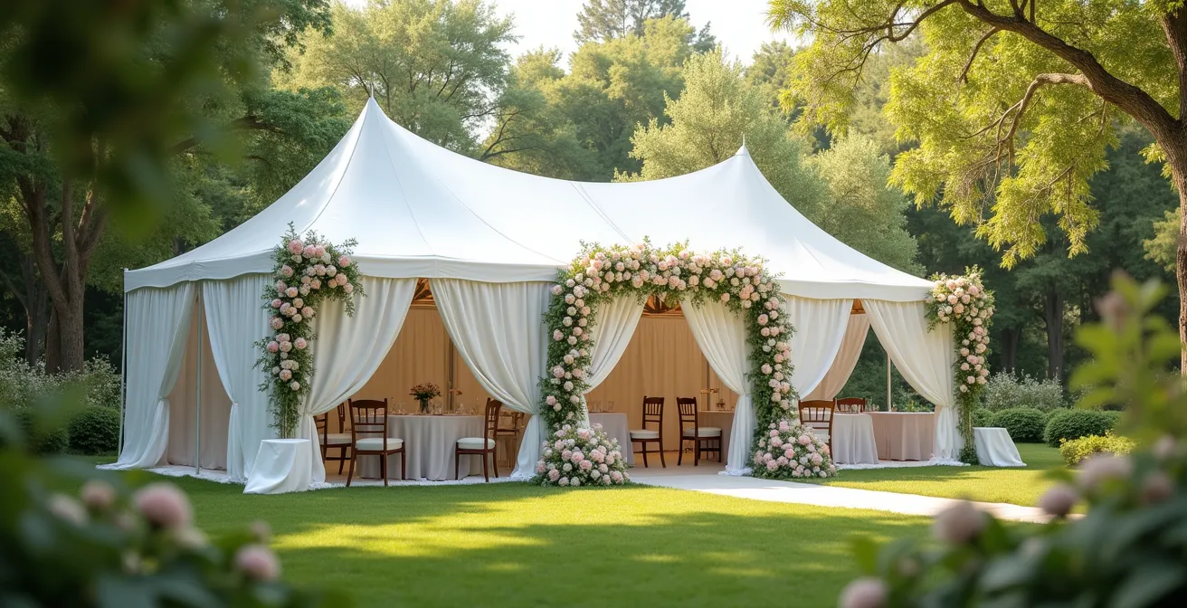 Une élégante tente de mariage blanche installée dans un jardin verdoyant avec décoration florale raffinée