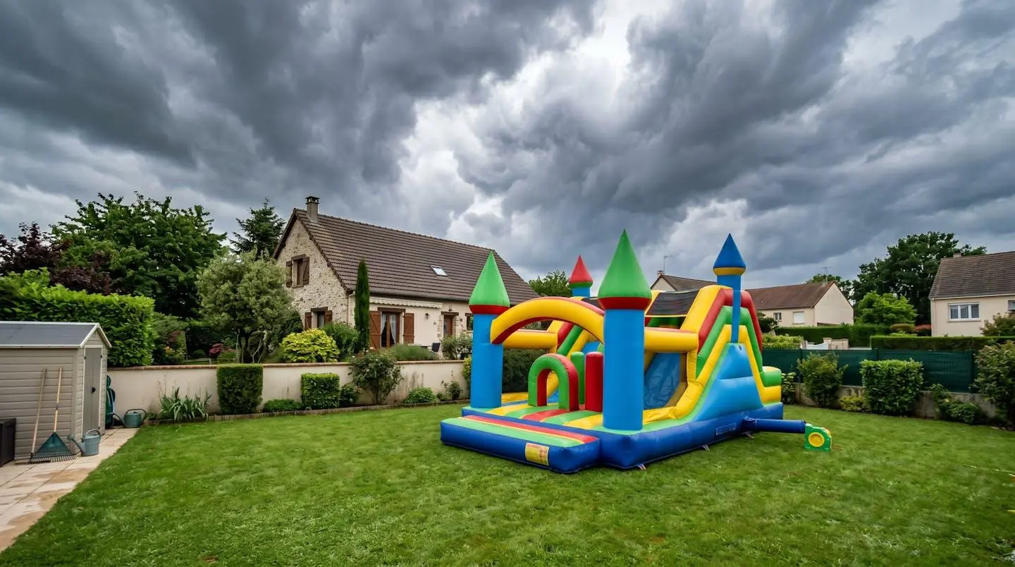 Un château gonflable installé mais vide dans un jardin privé français sous un ciel nuageux menaçant avec une lumière naturelle pré-orage