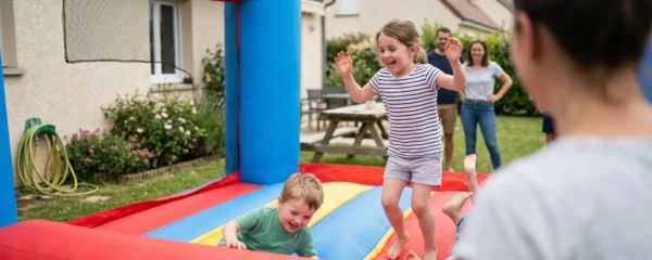 Des enfants vus de dos s'amusent joyeusement sur un château gonflable coloré installé dans un jardin privé par une belle journée ensoleillée