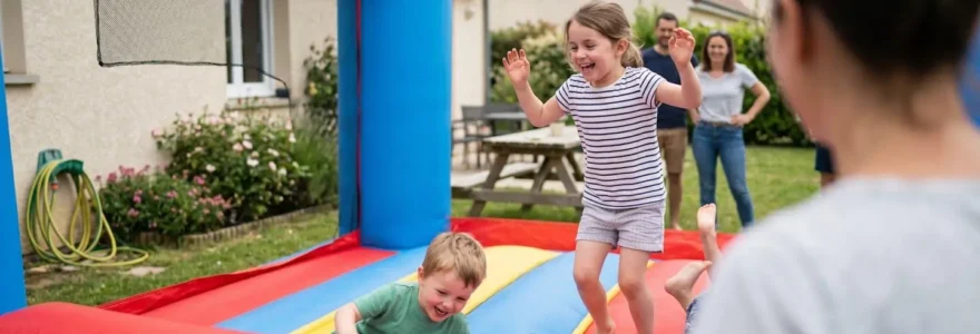 Des enfants vus de dos s'amusent joyeusement sur un château gonflable coloré installé dans un jardin privé par une belle journée ensoleillée