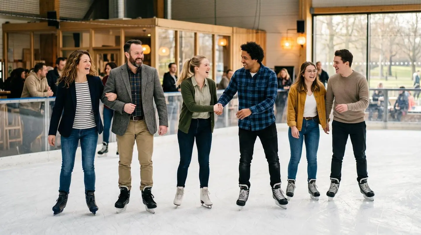 Groupe d'adultes souriants pratiquant le patinage sur une patinoire synthétique lors d'un team building d'entreprise en salle