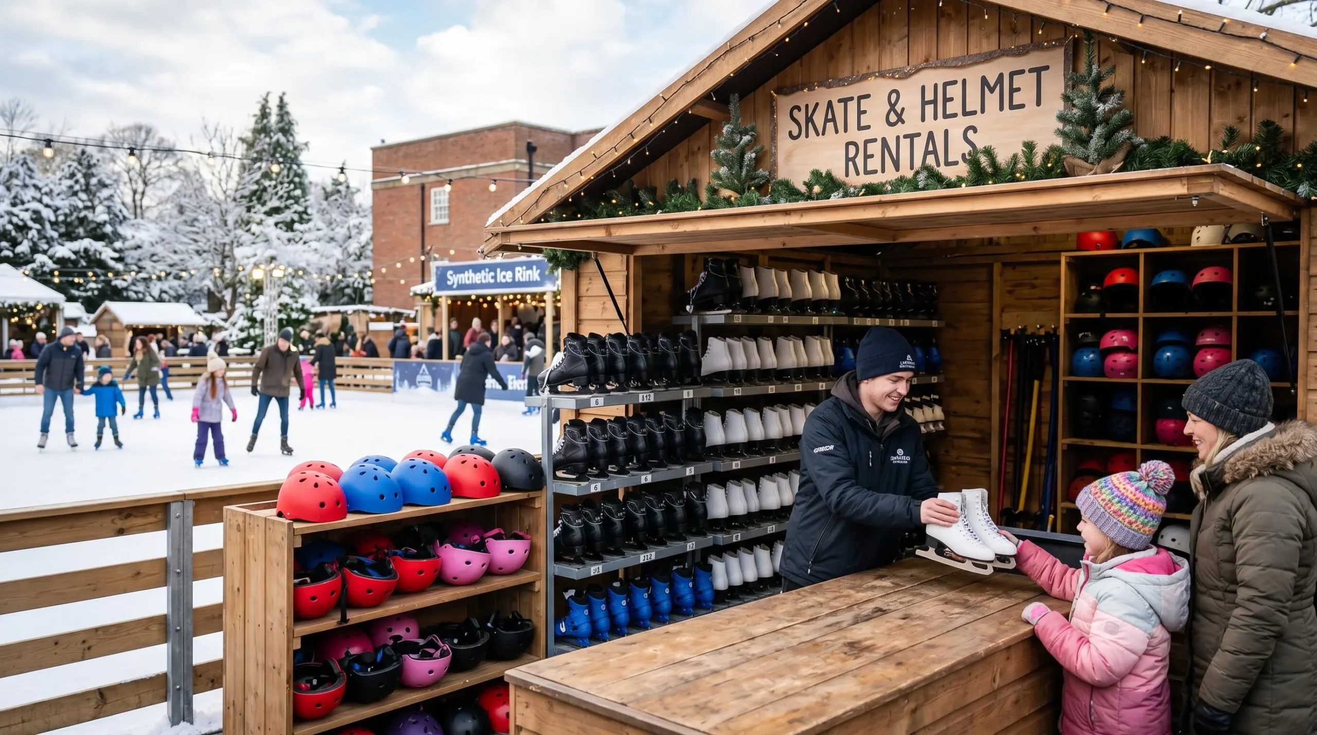 Vue d'ensemble de l'équipement d'une patinoire synthétique en location : patins adultes et enfants, casques et chalet bois d'accueil