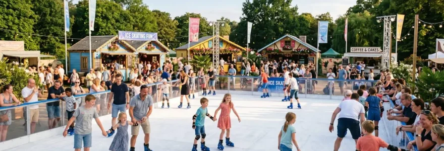 Familles et enfants patinant sur une patinoire synthétique installée en extérieur par une journée ensoleillée d'été