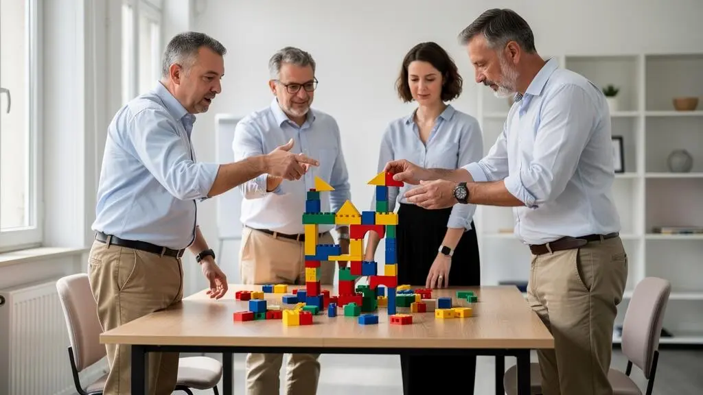 Équipe de quatre professionnels debout autour d'une table construisant ensemble une structure complexe avec des blocs colorés lors d'un défi de construction collaborative