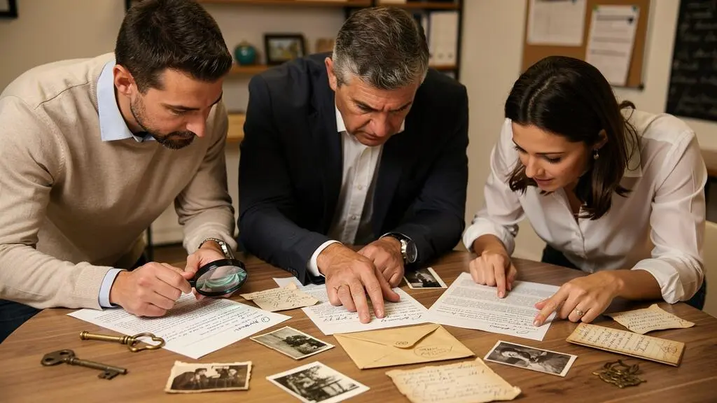 Trois professionnels examinant attentivement des indices et documents lors d'une enquête narrative immersive collaborative