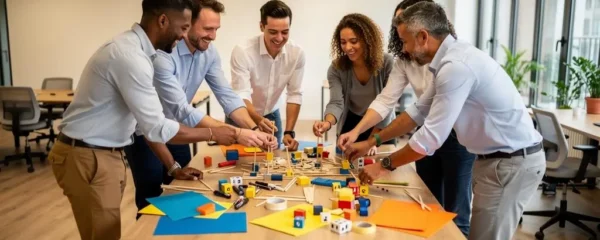 Groupe de professionnels debout en cercle participant activement à un atelier de cohésion d'équipe créatif dans un espace de bureau moderne