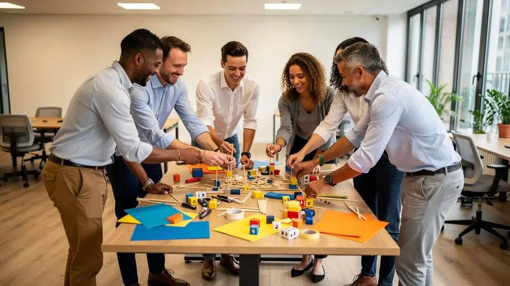 Groupe de professionnels debout en cercle participant activement à un atelier de cohésion d'équipe créatif dans un espace de bureau moderne