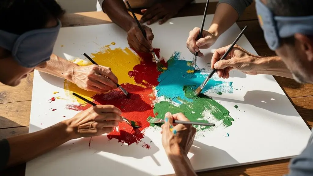 Gros plan sur plusieurs mains de participants peignant simultanément sur une toile collective lors d'une fresque collaborative à l'aveugle